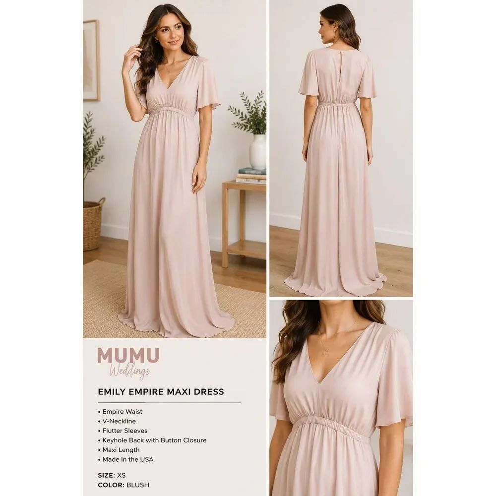 Show Me Your Mumu Emily Empire Maxi Dress Blush Pink Flutter Sleeve XS NWT